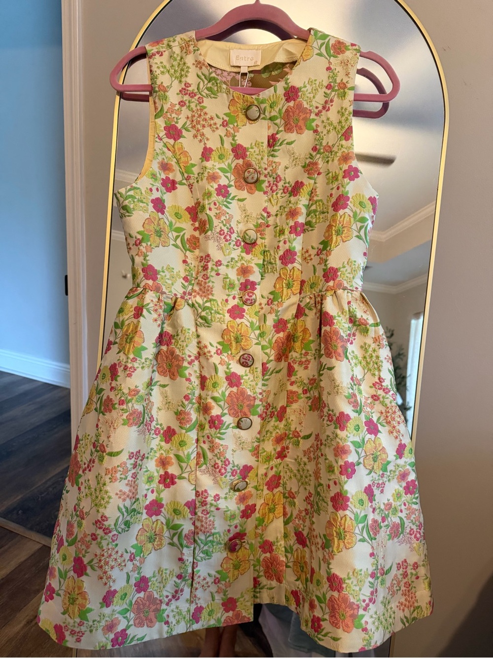 entro Cream Floral Button-Front Girls Dress with Pink & Yellow Blooms